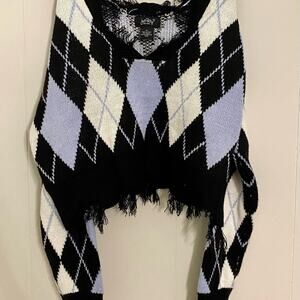 Just Polly Cropped Argyle Sweater Distressed Frayed Dark Academia Grunge Medium
